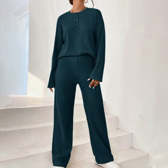 The Big Save of Today kttectoa Outfits for Women Knit Casual Outfits Winter Sets Women Loungewear Solid Long Sleeve Crew Neck Button Pullover Tops and Pants Fall Outfits for Women 2024