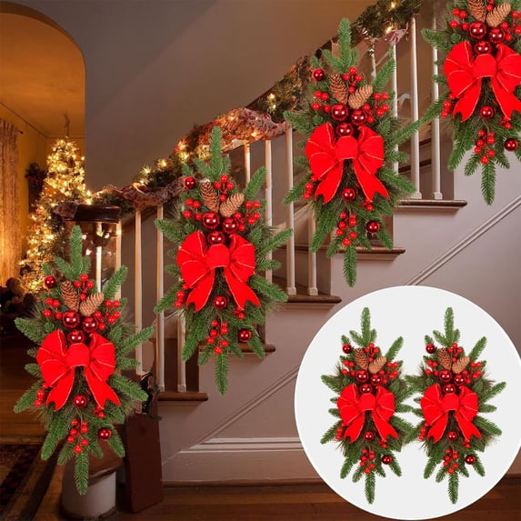 The Big Save karymi Christmas Wreath Upside Down Staircase Door Hanging Christmas Flocked Snow Hanging Ornament Bow Decoration Christmas Decorations Indoor Savings Week Limited Time
