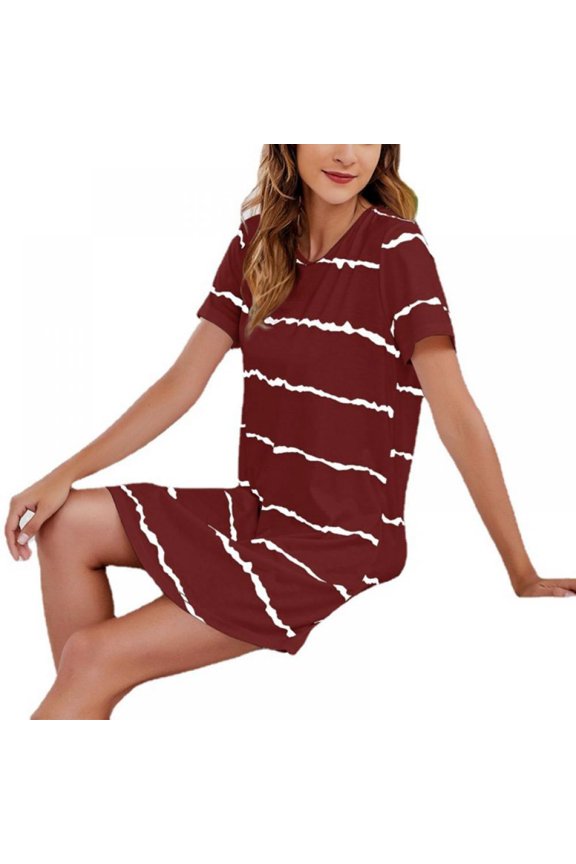 Big Saving! Women's Nightdress Sleep Short Sleepwear Sleeves Sleepshirt Stripes Nightshirt T-Shirt Nightgown S-XXL