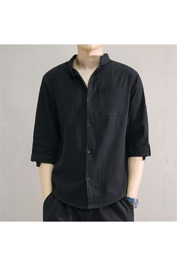 Big Saving for Father,POROPL Linen Short Sleeve Stand-up Collar Mens Graphic T-Shirts Black Size L