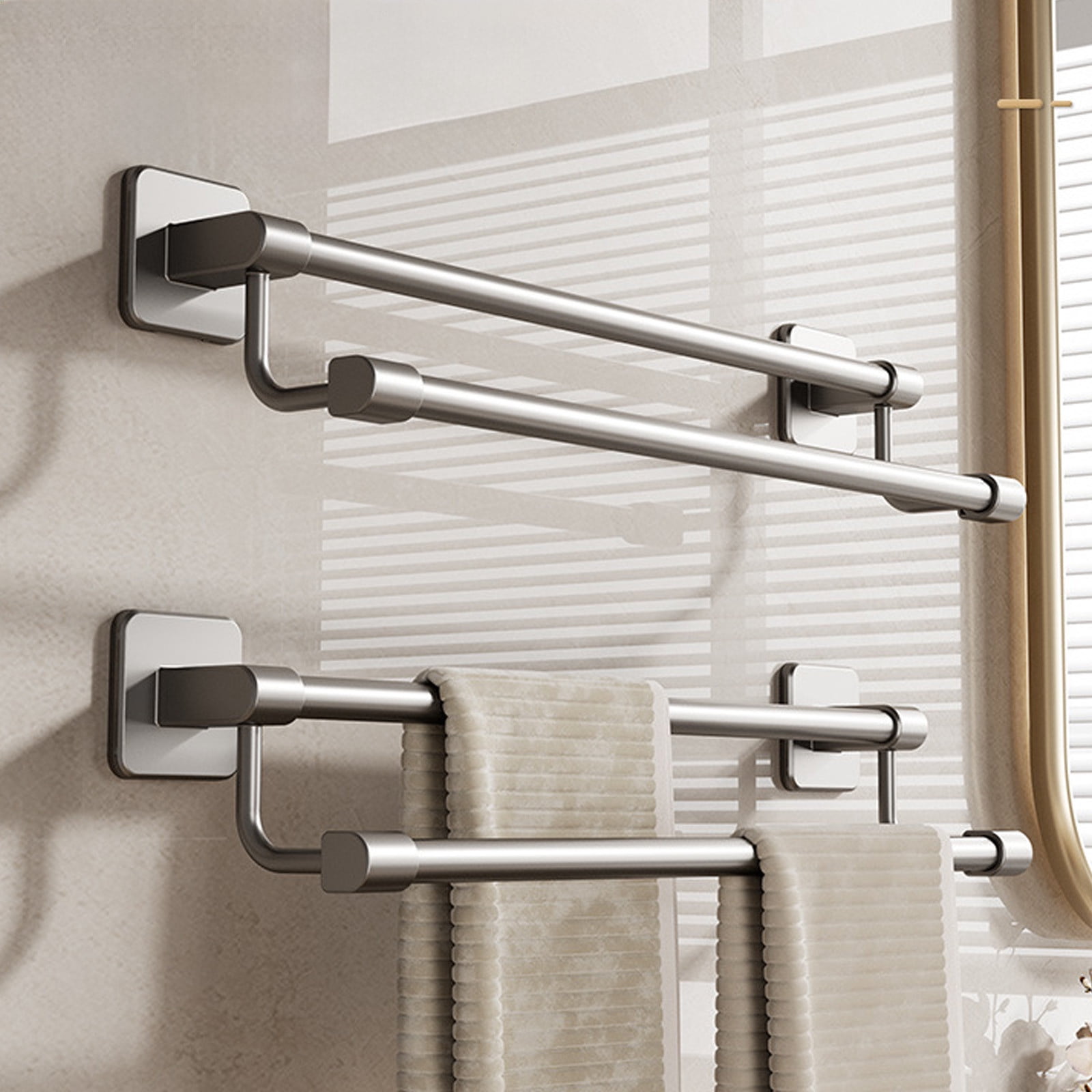Big Savings! Punch-Free Bathroom Towel Rack, Space-Saving Aluminum Towel Holder, Wall Mounted Double Pole Bathroom Storage Rack, Towel Organizer for Bathroom