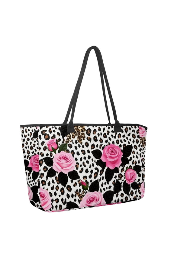 Big Shoulder Handbags for Women,Leopard Print Rose Large Casual Tote Bags for Work Travel Commuter Shopping Trendy Handbag
