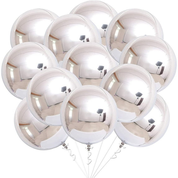 Big, Silver Metallic Balloons Kit - Pack of 12 | Giant 22 Inches 360 Degree Round Silver Mylar Balloons | 4D Sphere Metallic Silver Balloons | Silver Balloons for Birthday, New Year Decorations 2023