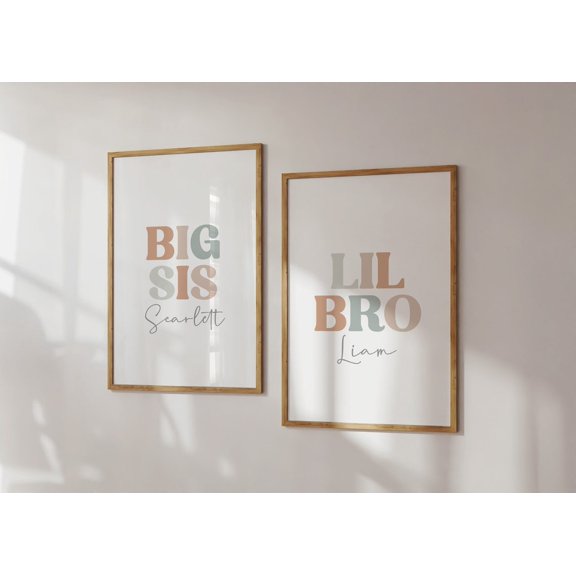 Big Sis Lil Bro Printable Sibling Wall Art Brother And Sister Playroom Decor Set 2 Unframed Paper Print 8x12