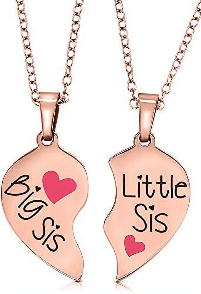 Big Sis & Lil Sis Valentines Heart Necklace Gift for Girls, Teens, Women, Kids, Big & Little Sisters, Granddaughter, Daughter Jewelry Presents (Rose Gold Tone/Pink Hearts) - image 1 of 3