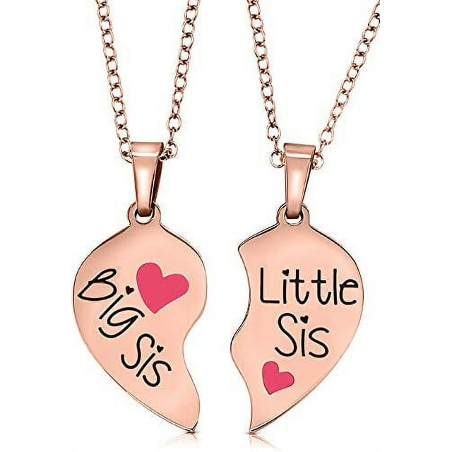 Big Sis & Lil Sis Valentines Heart Necklace Gift for Girls, Teens, Women, Kids, Big & Little Sisters, Granddaughter, Daughter Jewelry Presents (Rose Gold Tone/Pink Hearts)