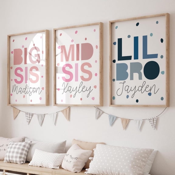 Big Sis Mid Sis Lil Bro Prints, Pink and Blue, Shared Bedroom, Brother Sister Prints, Sibling Wall Art, Playroom Prints, Kids Room, Stretched Canvas