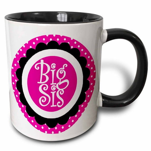 3drose, Big Sis Sister Pink Scallop and Polka Dots Circle Family Design, 15oz Two-tone Black Mug