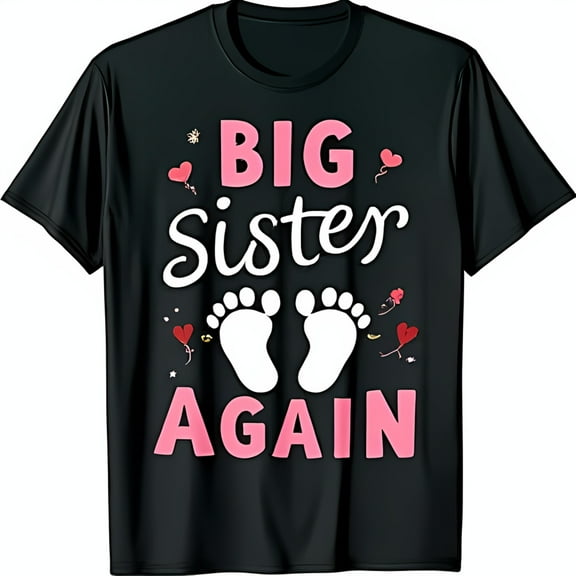 Big Sister Again Black T-Shirt with Pink Graphic Footprints & Hearts