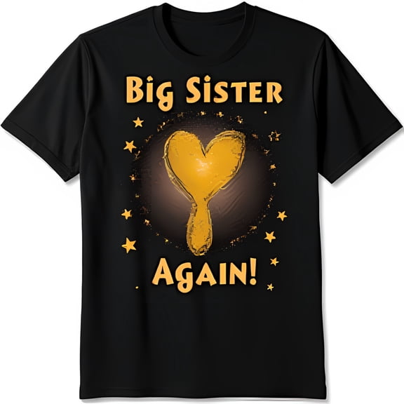 Big Sister Again Gold Heart Graphic T-Shirt with Stars Short Sleeve Black Tee