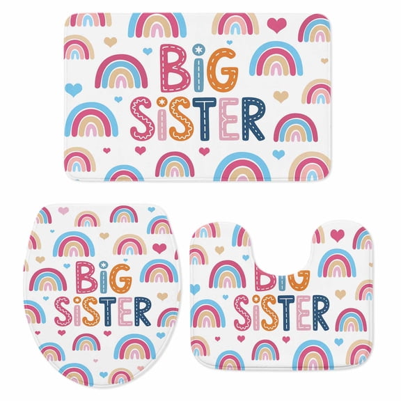 Big Sister Bathroom Rugs Set Cartoon Pink Blue Yellow Rainbow Love Heart Non Slip Absorbent Soft Bath Mats 3 Piece Set with Bathroom Rug, U-Shaped Floor Mat, Toilet Seat Cover Small Size