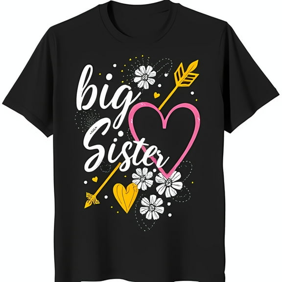 Big Sister Black T-Shirt with Heart Arrow and Floral Design Cute