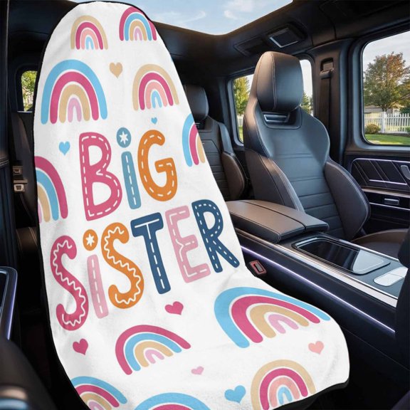 Big Sister Car Seat Cover Towel 1 Pack, Cartoon Pink Blue Yellow Rainbow Love Heart Sweat Seat Protector Quick Dry Microfiber Towel Cover with Elastic Strap for Cars, SUVs, Trucks