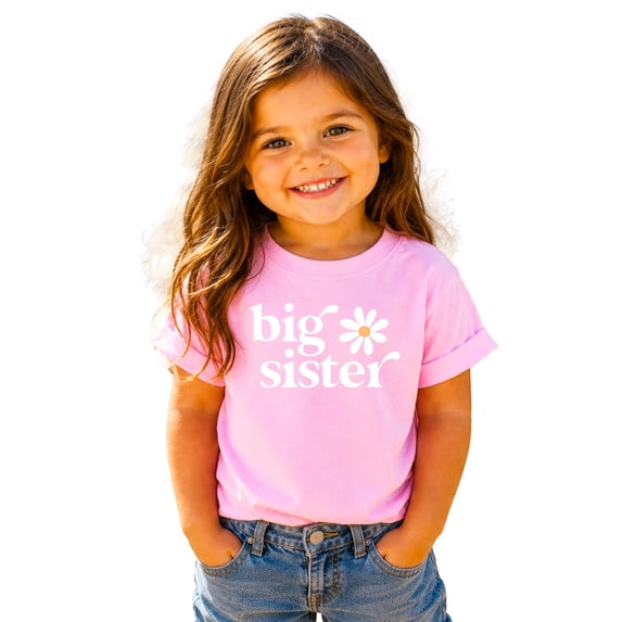 Big Sister Daisy Shirt for Girls Sibling Reveal Announcement Tee, Pink Shirt, 3T