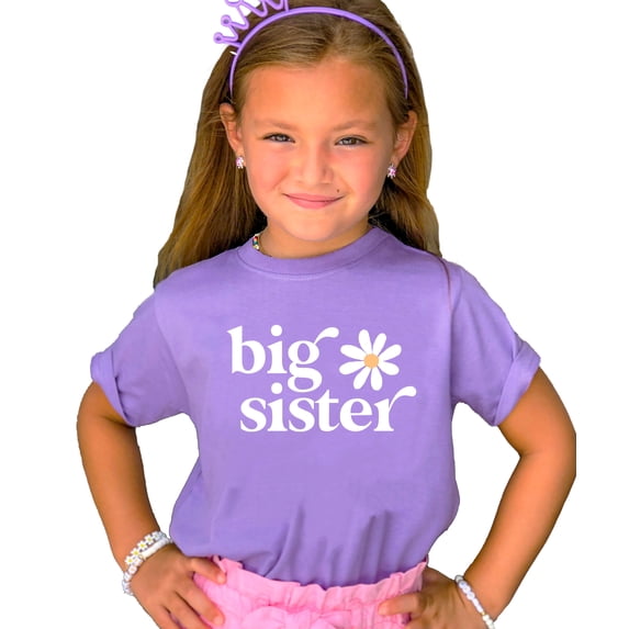 Big Sister Daisy Shirt for Girls Sibling Reveal Announcement Tee, Purple Shirt, 4T