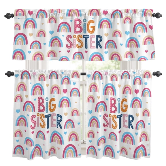 Big Sister Kitchen Curtains Set for Windows, Cartoon Pink Blue Yellow Rainbow Love Heart Curtains Valance and Tier 3 Piece Set Small Drapes 24 Inch Length for Kitchen Bedroom Decor