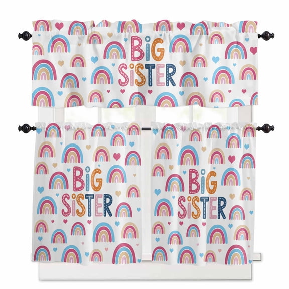 Big Sister Kitchen Curtains Valances and Tiers Cartoon Pink Blue Yellow Rainbow Love Heart Tier Curtains and Valance Rod Pocket Valance Curtains Set 27.5"W x 36"L, 3pcs