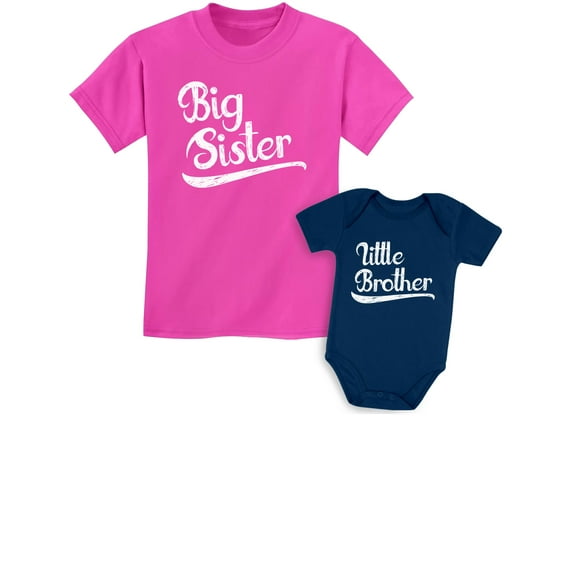 Big Sister Little Brother Matched Outfit - Cute Toddler & Baby Shirts Set - Perfect Sibling Gift - High-Quality Cotton Tees for Kids - Wow pink / Baby Navy Kids Shirt 2T / Baby 6M