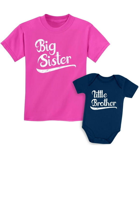 Big Sister Little Brother Matched Outfit - Cute Toddler & Baby Shirts Set - Perfect Sibling Gift - High-Quality Cotton Tees for Kids - Wow pink / Baby Navy Kids Shirt 4T / Baby Newborn
