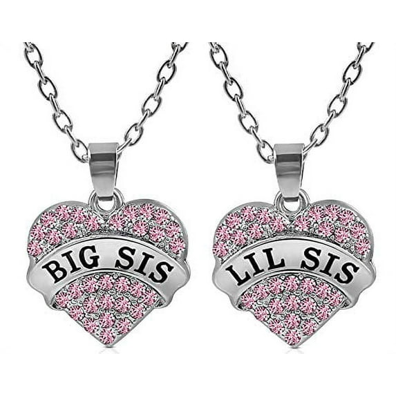 Big Sister & Little Sister Birthday Gifts, Sister Heart Necklace Gift Set of 2, Big Sis Lil Sis Jewelry Gifts for Teens, Women (Pretty Pink)