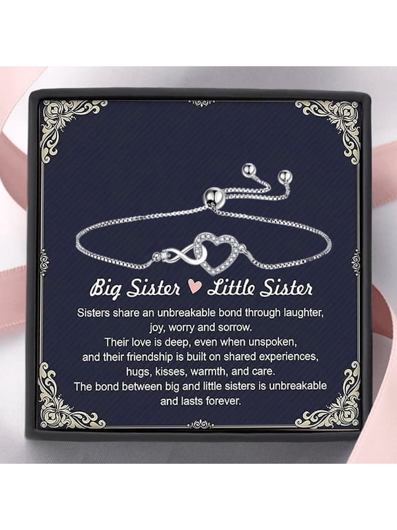Big Sister & Little Sister Infinity Heart Bangle Bracelet, Sister Jewelry, Big Sis Lil Sis Gift, Sister Birthday Gift. Message card for Sisters