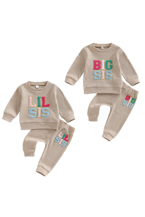 Big Sister Little Sister Matching Outfits Baby Girls Waffle Long Sleeve Sweatshirt Pants Set Toddler Clothes 3 Months- 4 Years