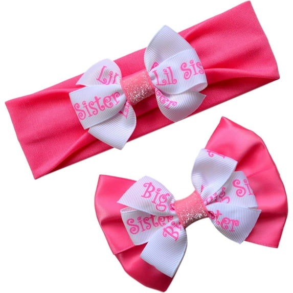 Big Sister Little Sister Matching Sparkle Headband and Satin Hair Bow Gift Set