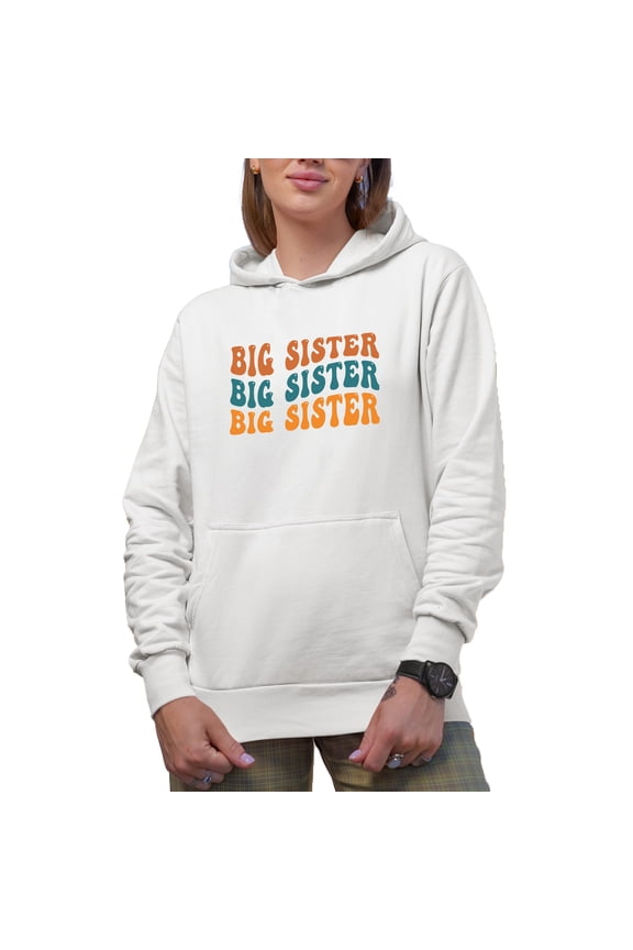 Big Sister, Name for Elder Sisters or Female Siblings, Groovy Retro Wavy Text Merch Gift, White Hooded Sweatshirt or Hoodie, Large