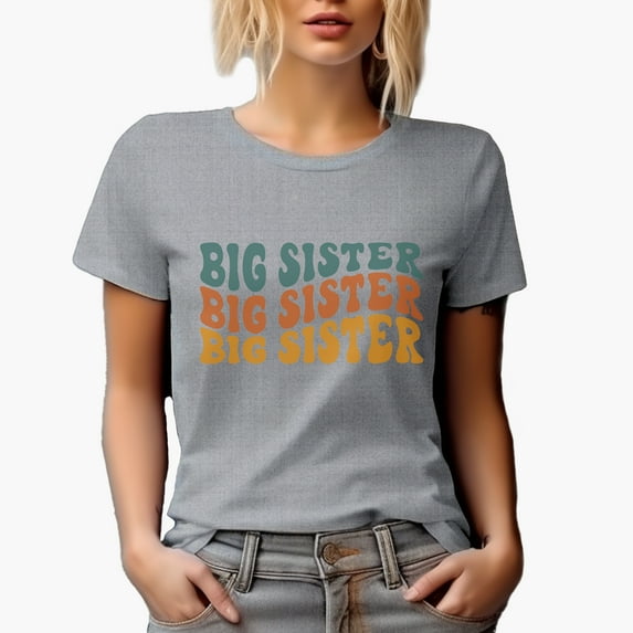 Big Sister, Name for Elder Sisters or Girl Siblings, Groovy Retro Wavy Text Merch Gift, Heather Grey T-Shirt, 3XL