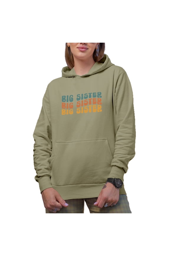 Big Sister, Name for Older Sisters or Girl Siblings, Groovy Retro Wavy Text Merch Gift, Sand Hooded Sweatshirt or Hoodie, 3XL