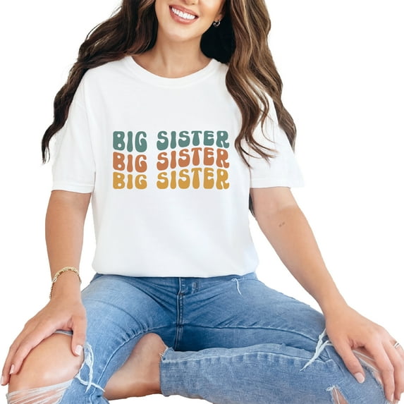 Big Sister, Name for Older Sisters or Girl Siblings, Groovy Retro Wavy Text , White Comfort Colors T-Shirt, Small