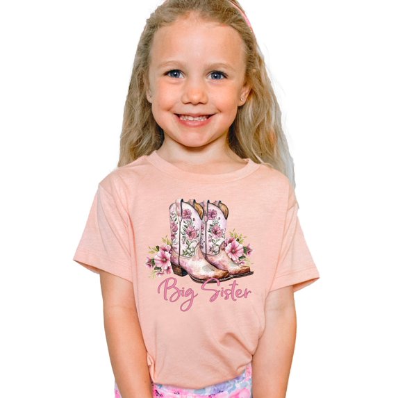 Big Sister Shirt for Baby Toddler & Youth Girls Cowgirl Boots Tee, Peach Shirt, 12M