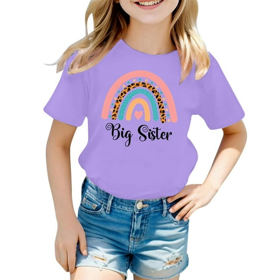 Big Sister Shirts for Girls Rainbow Printed Adorable Short Sleeve Casual Stylish Daliy T Shirts Size 10 Y-12 Y