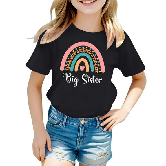 Big Sister Shirts for Girls Rainbow Printed Adorable Short Sleeve Casual Stylish Daliy T Shirts Size 3 Y-4 Y