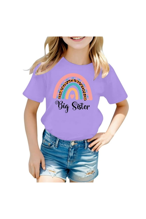 Big Sister Shirts for Girls Rainbow Printed Adorable Short Sleeve Casual Stylish Daliy T Shirts Size 4 Y-5 Y