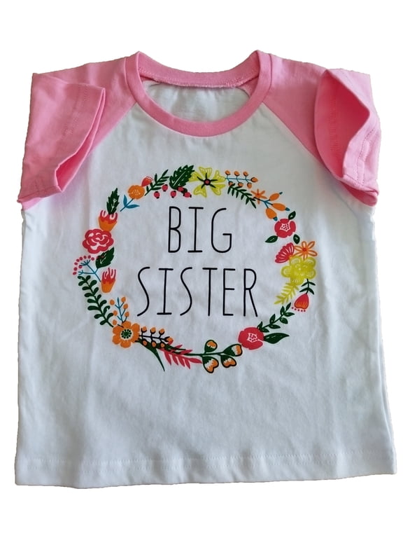 Big Sister Short Sleeve Shirts Toddler Girls Easter Floral Raglan Tees Kids Birthday Holiday Garland Tops Little Girl Summer Cotton Clothes, Sizes 2-7T