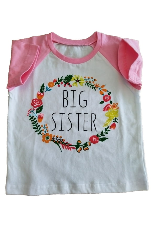 Big Sister Short Sleeve Shirts Toddler Girls Easter Floral Raglan Tees Kids Birthday Holiday Garland Tops Little Girl Summer Cotton Clothes, Sizes 2-7T