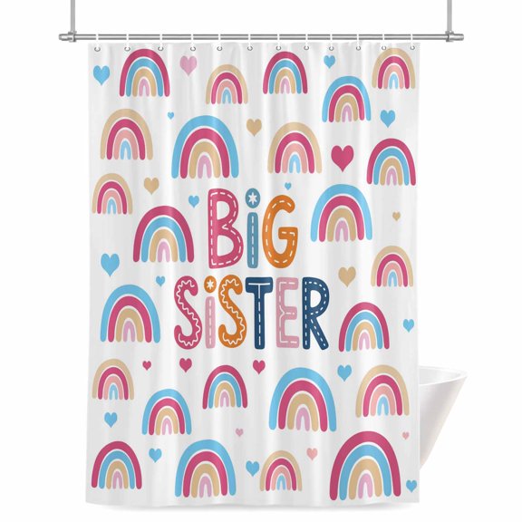 Big Sister Shower Curtain, Cartoon Pink Blue Yellow Rainbow Love Heart Waterproof Shower Curtain Set with 12 Hooks Lightweight Bath Curtains Fabric Bathroom Decor 48x72 Inches