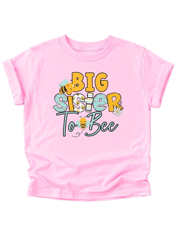 Big Sister to Bee Shirt for Girls Bumble Bee Sibling Reveal Tee, Pink Shirt, Youth L