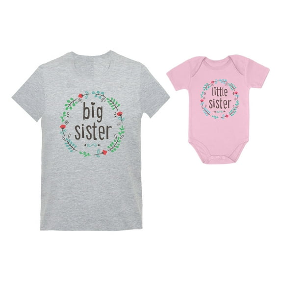 Big Sisters and Little Sisters Sibling Set Girls Shirts Gift For Daughters Set Toddler/Kids Girls' Fitted T-Shirt Gray 4T / Baby Bodysuit Pink 18M (12-18M)