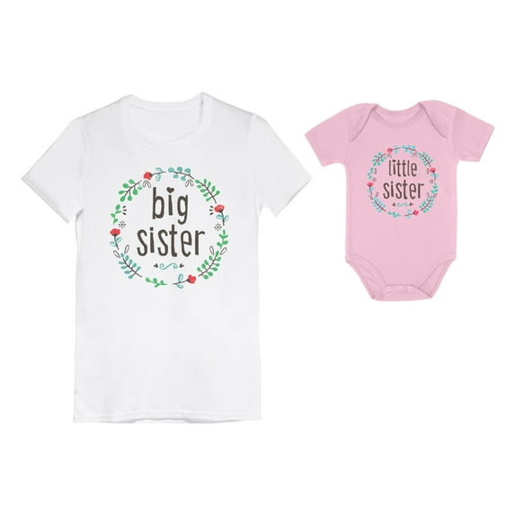 Big Sisters and Little Sisters Sibling Set Girls Shirts Gift For Daughters Set Toddler/Kids Girls' Fitted T-Shirt White 5/6 / Baby Bodysuit Pink 24M (18-24M)