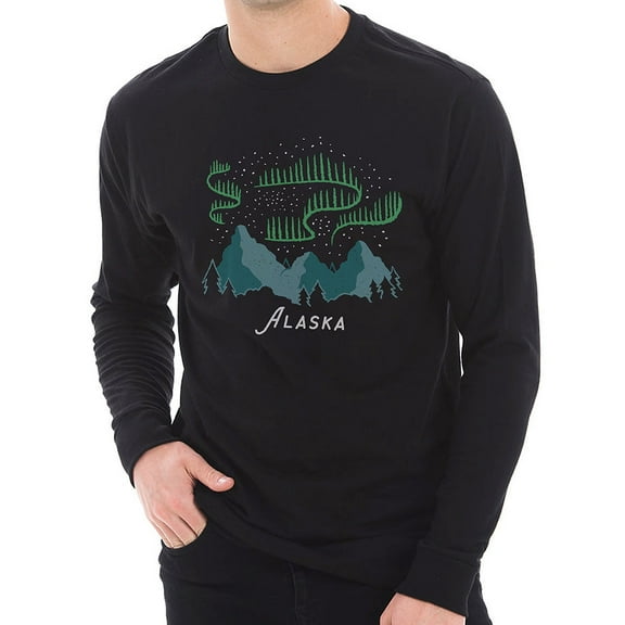 Big Size Alaskan Northern Lights Graphic Long Sleeve Crewneck Tee - Black XL