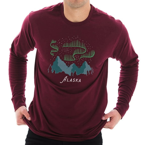 Big Size Alaskan Northern Lights Graphic Long Sleeve Crewneck Tee - Burgundy XL