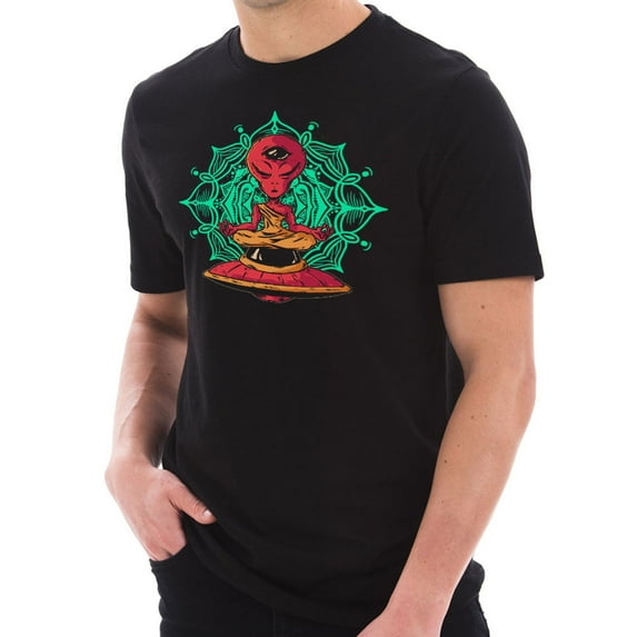 Big Size Alien Meditation Graphic Design Short Sleeve Cotton Jersey T-Shirt - Black 2XL