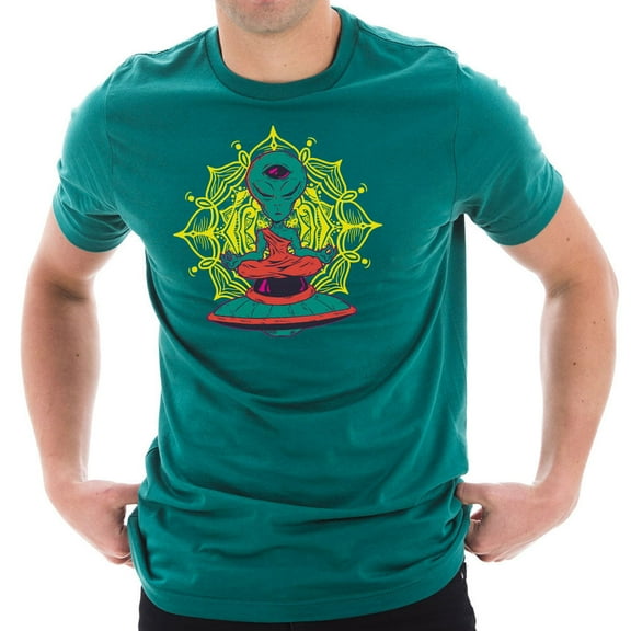 Big Size Alien Meditation Graphic Design Short Sleeve Cotton Jersey T-Shirt - Teal XL