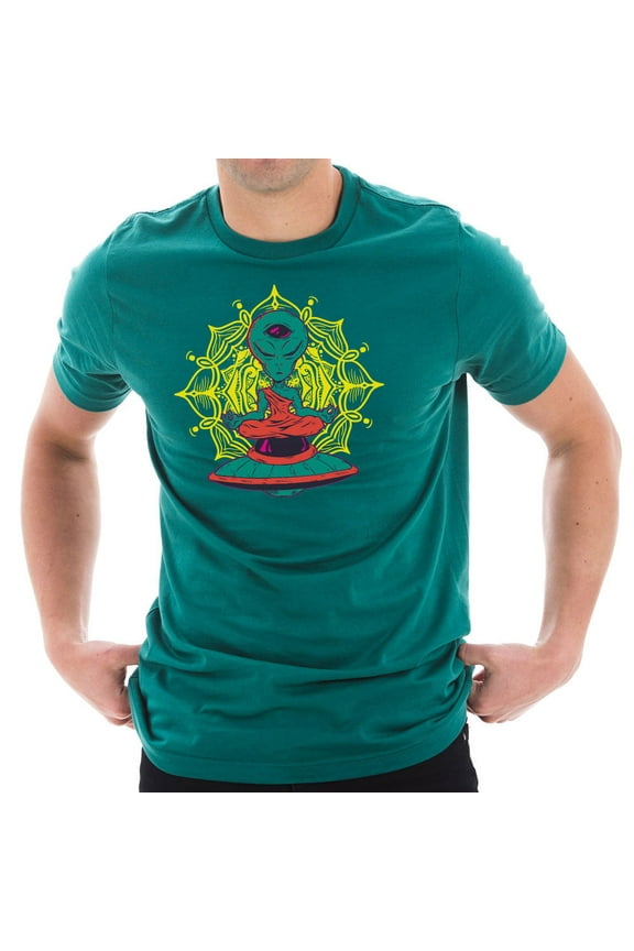 Big Size Alien Meditation Graphic Design Short Sleeve Cotton Jersey T-Shirt - Teal XL