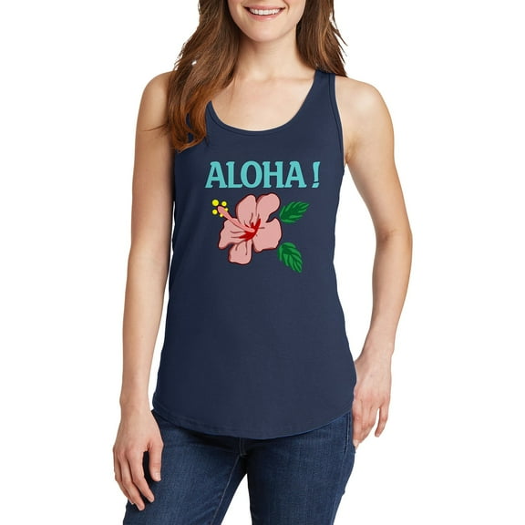 Big Size Aloha Flower Ladies Core Cotton Tank Top - Navy 3XL