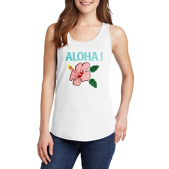 Big Size Aloha Flower Ladies Core Cotton Tank Top - White 3XL