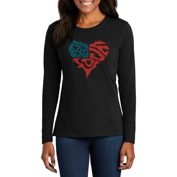 Big Size American Love Women's Port & Company Long Sleeve Cotton T-Shirt - Jet Black XL