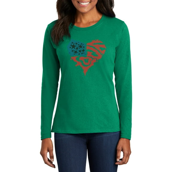 Big Size American Love Women's Port & Company Long Sleeve Cotton T-Shirt - Kelly 2XL